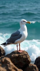 Fototapeta premium Seagull sitting on rocky wave, nature, coastline