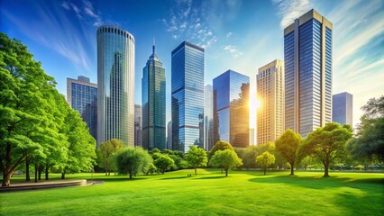 Obraz premium Modern Cityscape: Three Skyscrapers & Urban Park - Stock Photo