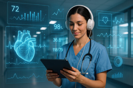 &Eacute;tudiante en m&eacute;decine ou interne hospitalier consultant des donn&eacute;es m&eacute;dicales via tablette et casque audio &mdash; intelligence artificielle appliqu&eacute;e &agrave; la sant&eacute;
