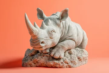 Gardinen Gray rhinoceros sculpture resting on a rock formation. © Agent Neptunus