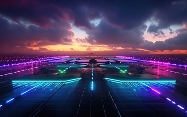 Futuristic airport runway at sunset