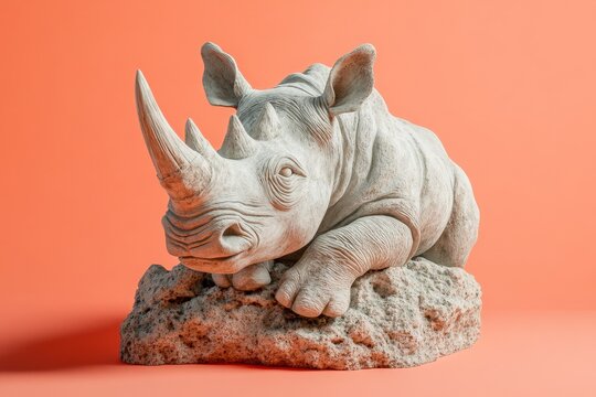 Gray rhinoceros sculpture resting on a rock formation.