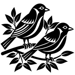 Two Sparrows Perched on Branch with Leaves Black and White Illustration
