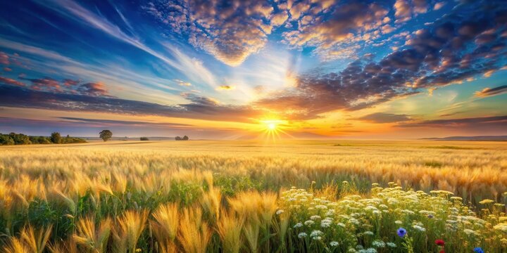 A serene landscape of a vibrant sunrise over a rolling field with tall golden wheat and swaying wildflowers, set against a soft blue sky with a few wispy clouds , wheat, flowers