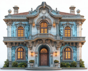Obraz premium Ornate Neoclassical Building Facade with Symmetrical Design and Warm Lighting on White Background