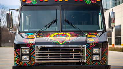 food truck Colorful food truck with vibrant patterns parked outdoors