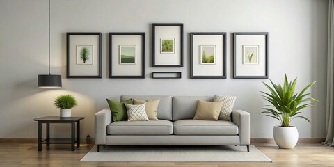 Obraz premium Modern Living Room Interior: Five Black Frames on Light Gray Wall - High-Resolution Stock Photo