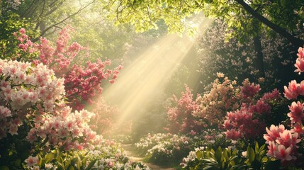 Sunlight streams through a vibrant floral garden filled with blooming rhododendrons and magnolias. Lush greenery, soft light, and a pathway invite exploration