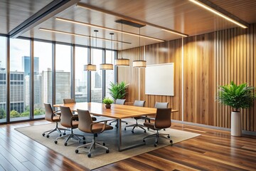 Fototapeta premium Modern Minimalist Conference Room: Wooden Decor, Glass Walls, Blank Frame Stock Photo