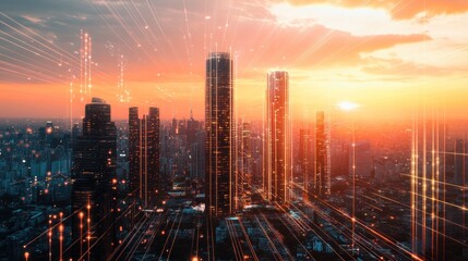 Fototapeta premium Futuristic cityscape at sunset with interconnected network