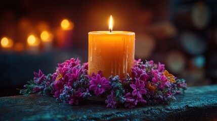Lit candle with flower ring in front of fireplace.