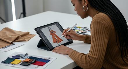 Fashion designer creatively sketching digital illustrations on tablet with fabric samples and colors