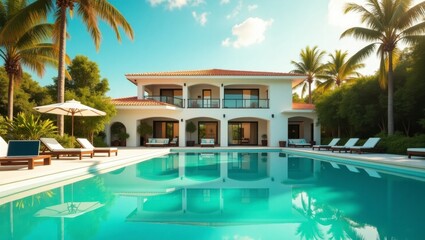 Fototapeta premium A dreamlike and vibrant cinematic photo of a luxurious house surrounded by lush greenery and bathed in soft natural light