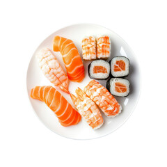 Assorted Sushi Platter on White Plate - Salmon, Shrimp, and Maki Rolls