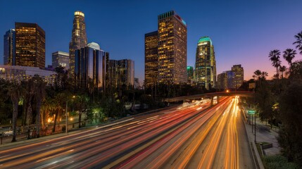 Fototapeta premium City skyline at twilight with busy freeway