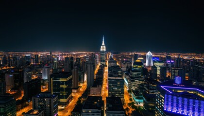 Fototapeta premium Cityscape at Night. Illuminated skyscrapers and streets