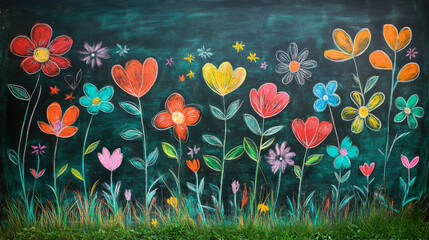 Decorative flowers drawn on a green classroom chalkboard with colored chalk