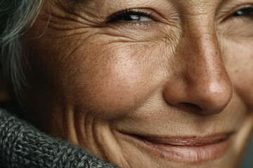 Obraz premium Older woman with wrinkles smiling at a blooming flower garden, holding a walking stick.