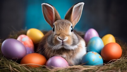 a cute rabbit sits among colorful easter eggs in a cozy nest
