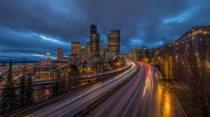 Fototapeta premium Cityscape at twilight with highway traffic