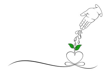 Line art style Watering plants with hands on the ground. Vector illustration of saving the environment on Earth Day