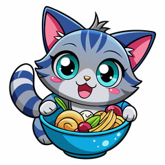 Adorable Cartoon Cat Enjoying a Bowl of Fruit and Sweets