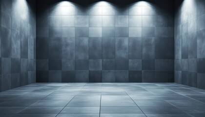 Fototapeta premium Empty room with tiled walls and floor, illuminated by spotlights