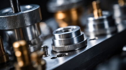 Close-up of precision machined metal parts with intricate details and metallic finish