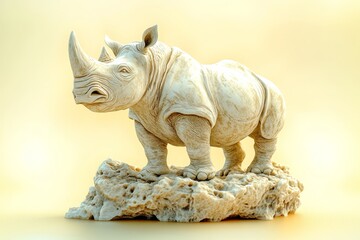 Fototapeta premium Detailed white rhino sculpture atop a light beige rock formation.