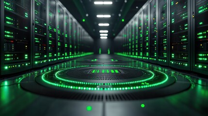 Server room with glowing green lights and symmetrical arrangement of racks.
