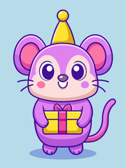 Adorable Purple Mouse with Birthday Hat Holding Gift
