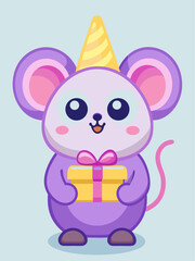 Adorable Purple Mouse with Gift and Party Hat Cartoon Illustration