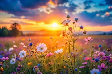 Obraz premium New Beginnings: Soft Focus Sunrise Over Blooming Field