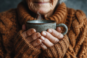 Elderly woman holding a cup of tea, gazing out the window with a thoughtful expression. Cozy living room setting with soft natural light.