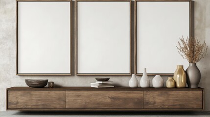 Naklejka premium Modern Minimalist Home Decor Blank Canvas Frames Above Rustic Wooden Console