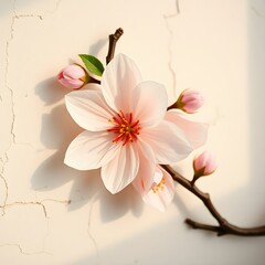 Obraz premium Sculptural clay art cinematic photograph. Abstract cherry blossom branch cracked blue background floral photography artistic environment close-up view nature's beauty art illustration design