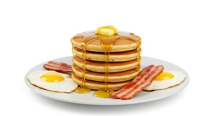 A stack of pancakes with syrup and butter, served with bacon and fried eggs for breakfast.