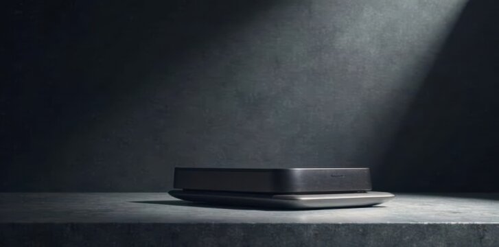 Sleek product on dark gray surface with dramatic highlight and deep shadow effect, lighting, minimalist