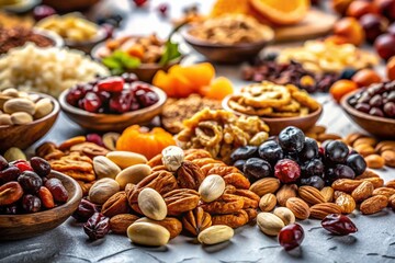 Night Photography: Dried Fruits & Nuts Still Life on White Background