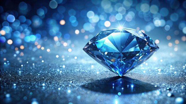 Glittering blue diamond stone on abstract background with scattered silver dots and subtle gradient effect, silver, dots, silver