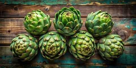 Fototapeta premium A vibrant collection of fresh artichokes arranged on a rustic wooden surface, showcasing their intricate textures and vibrant green hues.