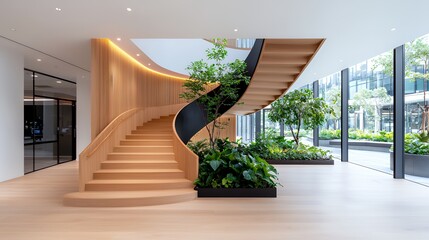 Modern office interior with spiral staircase and greenery