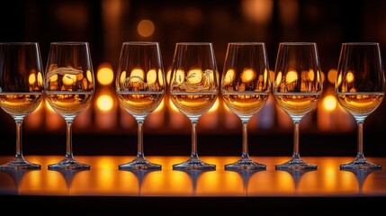 Elegant wine glasses filled with amber liquid,  illuminated by warm lights