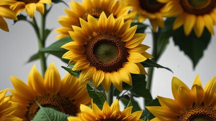 Fototapeta premium Sunflowers on a white background. Sunflowers with green leaves.