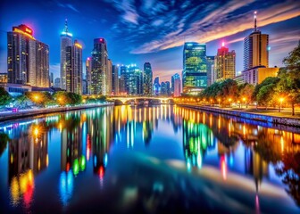 Naklejka premium Night River Scene: Deep Depth of Field Cityscape Reflections