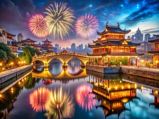 Obraz premium Nighttime Chinese Cityscape: Fireworks and Bridge Long Exposure Photography