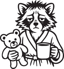 tired raccoon with coffee and toy