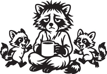 tired raccoon mom with coffee and two kids