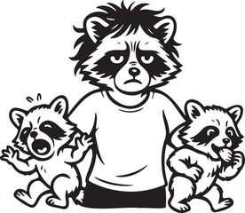 vector illustration of cartoon raccoon mom with two children