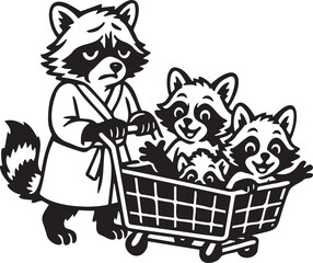 tired raccoon mom with kids on basket